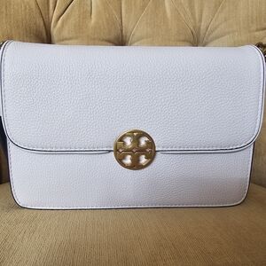 Tory Burch White Leather Clutch with Gold Emblem